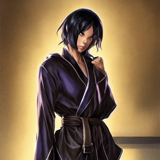 Prompt: cassandra cain wearing a bathrobe!!! standing in the kitchen cooking!!!, beautiful face!!!!, 2 7 years old, cg animation, lifelike, animated, realistic, by artgerm, greg rutkowski, 3 d