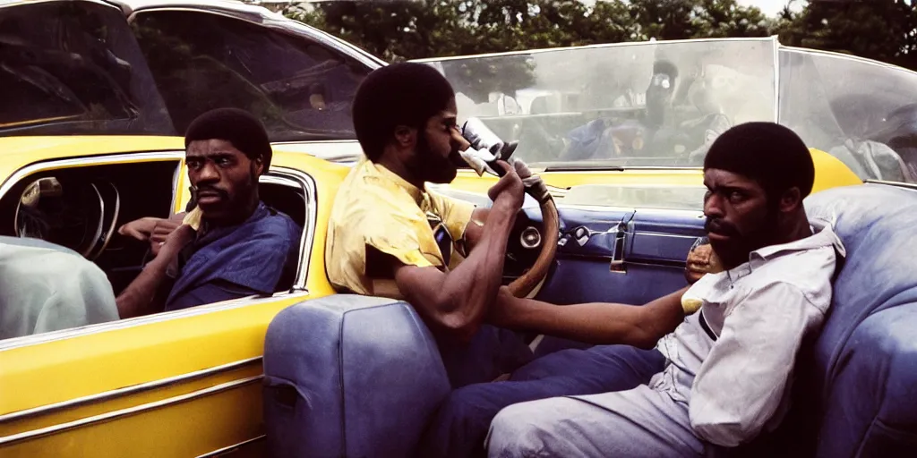 Image similar to bronx, black men sit in the 7 0 s car, holding a magnum, closeup, coloured film photography, bruce davidson photography