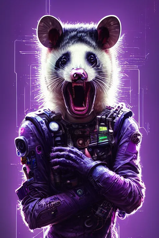 Image similar to a beautiful portrait of a cute cyberpunk opossum screaming by sandra chevrier and greg rutkowski and wlop, purple blue color scheme, high key lighting, volumetric light, digital art, highly detailed, fine detail, intricate, ornate, complex, octane render, unreal engine, photorealistic