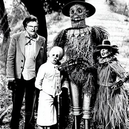 Prompt: the character tik - tok from return to oz ( 1 9 8 5 ) standing next to the characters scarecrow and tinman from the wizard of oz ( 1 9 3 9 ), behind the scenes set photo