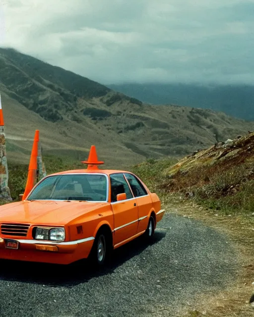 Image similar to film still of a toyota levin, mountain backround with a traffic cone nearby.