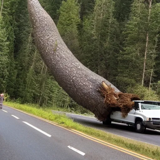 Prompt: Sasquatch in the forest tossing a big tree into highway traffic