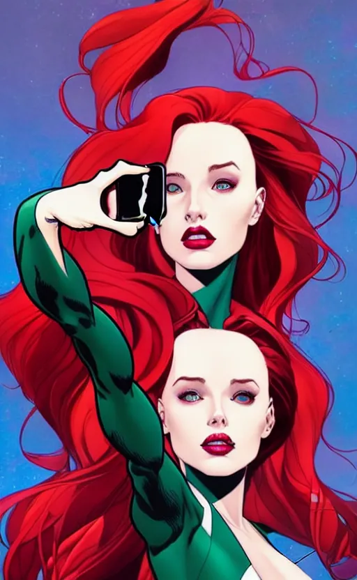 Prompt: Rafeal Albuquerque comic art, Joshua Middleton comic art, pretty female Madelaine Petsch Rogue x-men marvel taking a selfie, big smirk, symmetrical face, symmetrical eyes, long red hair white streak hair, full body, flying in the air:: battlefield background:: sunny weather::