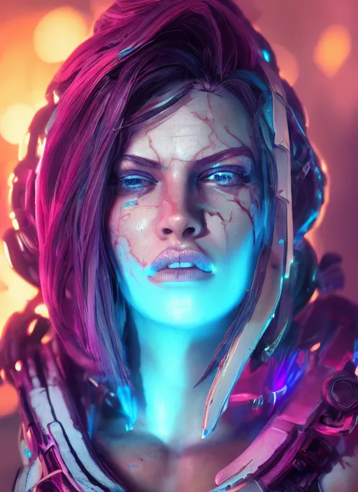 Image similar to glowwave portrait of a beautiful muscular girl's body, borderlands 3, au naturel, hyper detailed, digital art, trending in artstation, cinematic lighting, studio quality, smooth render, unreal engine 5 rendered, octane rendered, art style by klimt and nixeu and ian sprigger and wlop and krenz cushart.