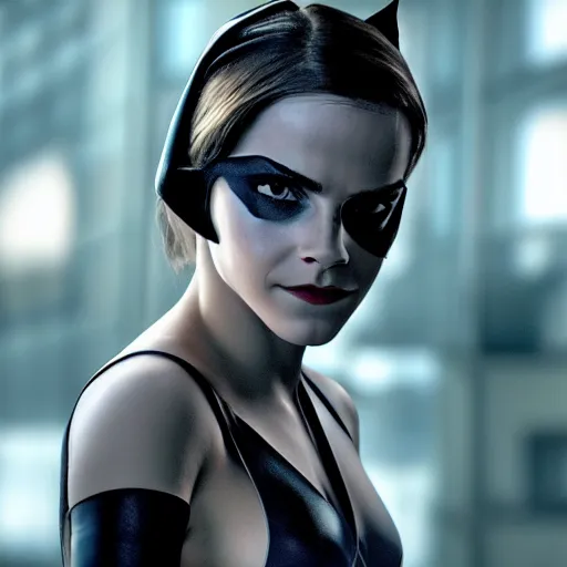 Image similar to Emma Watson as Catwoman, XF IQ4, f/1.4, ISO 200, 1/160s, UHD, microdetails, Sense of Depth, color and contrast corrected, AI enhanced, HDR, in-frame