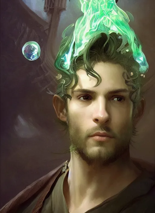 Image similar to character concept portrait of an attractive young focused Spanish wizard with pale green skin enchanting a growing spell, a floating iridescent spell book in the center, intricate, elegant, digital painting, concept art, smooth, sharp focus, illustration, from Metal Gear, by Ruan Jia and Mandy Jurgens and William-Adolphe Bouguereau, Artgerm