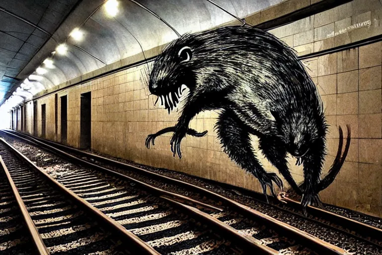 Image similar to very large giant mutant zombie irradiated ( angry rat ) staying on railways in tonnel of moscow subway. tonnel, railways, giant angry rat, furr, fangs, very realistic. extreme long shot, flash photography, anish kapoor, herman nitsch, giger.