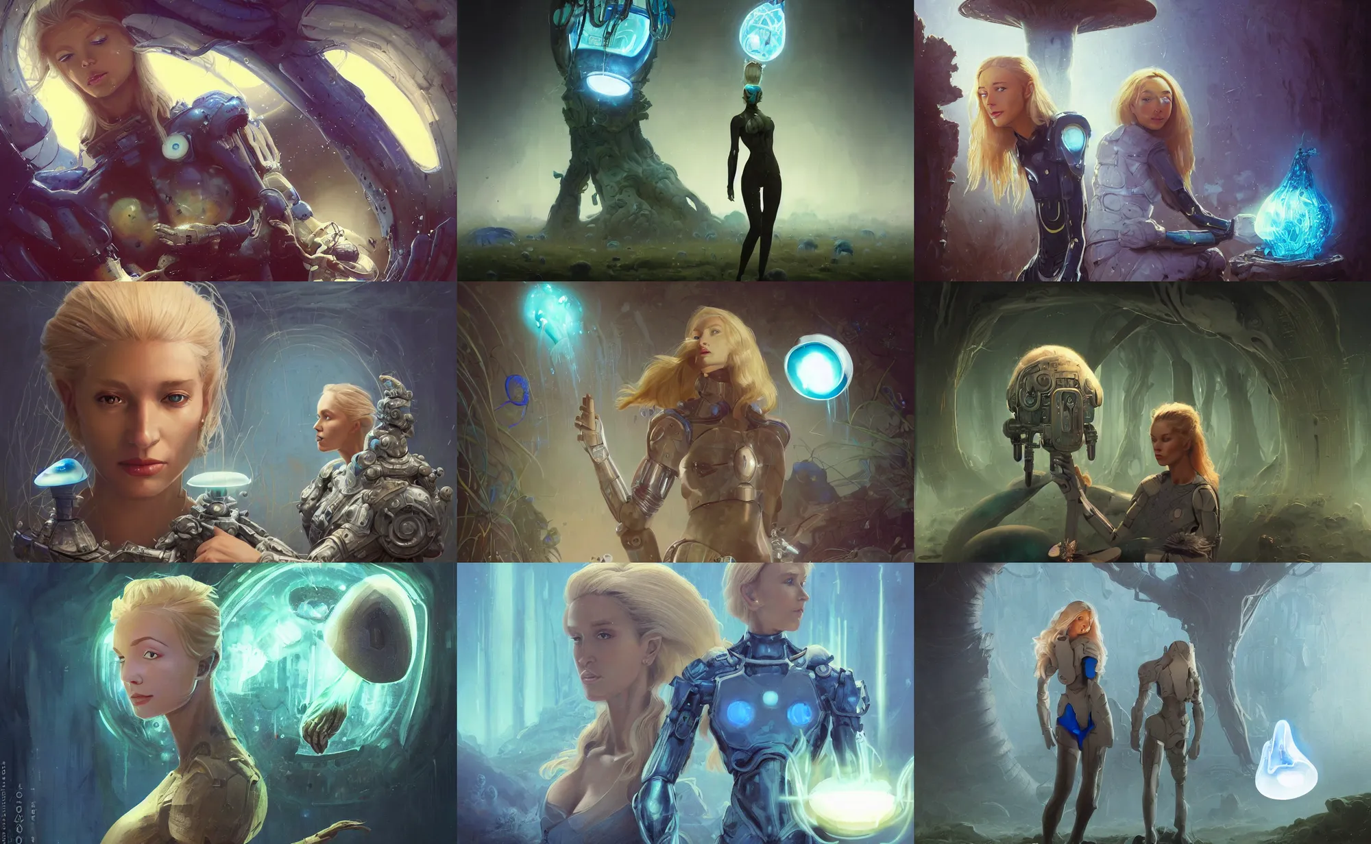 Prompt: A mixed media portrait painting of a beautiful blonde biologist woman, futuristic sci-fi armor, examining a giant blue glowing mushroom in a mire, detailed Aesthetic! face and eyes, slavic, by Beeple, Frank Frazetta, Greg Rutkowski, Christian MacNevin, Boris Vallejo, epic fantasy character art, high fantasy, CGsociety, 60's Sci-fi Pinup, exquisite detail, post-processing, masterpiece, cinematic, crysis