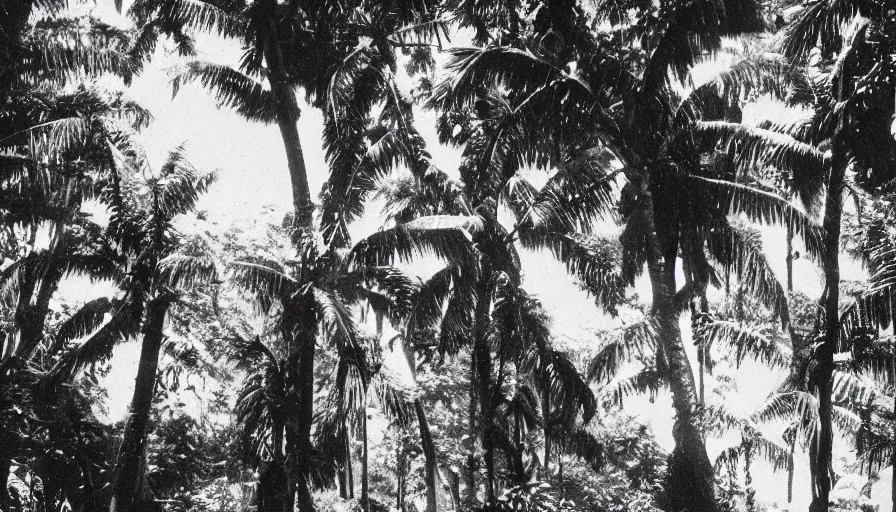 Image similar to lost film footage of a sacred object in the middle of the ( ( ( tropical jungle ) ) ) / film still / cinematic / enhanced / 1 9 2 0 s / black and white / grain