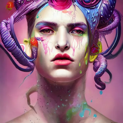 Prompt: art portrait of a furious girl with purple tentacles on her head, 8 k, by tristan eaton, stanley artgermm, tom bagshaw, greg rutkowski, carne griffiths, trending on deviantart, face enhance, hyper detailed, full of colour,