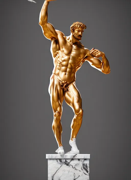 Image similar to a bloody statue made of white marble of hercules, perfect symmetrical body, perfect symmetrical face, hyper realistic, hyper detailed, by johannen voss, by michelangelo, octane render, blender, 8 k, stylized gold and black