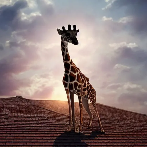 Image similar to a dog standing on the rooftop, the dog looks like giraffe, giraffe head and giraffe body, fantasy, intricate, epic lighting, cinematic composition, hyper realistic, 8 k resolution, unreal engine 5, by artgerm, tooth wu, dan mumford, beeple, wlop, rossdraws, james jean, andrei riabovitchev, marc simonetti, artstation