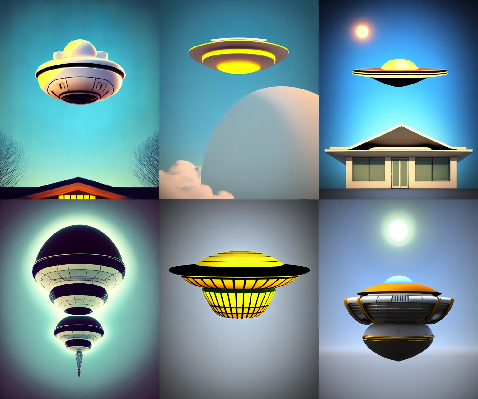 Prompt: retro-futurism style-art deco- 3d UFO above house