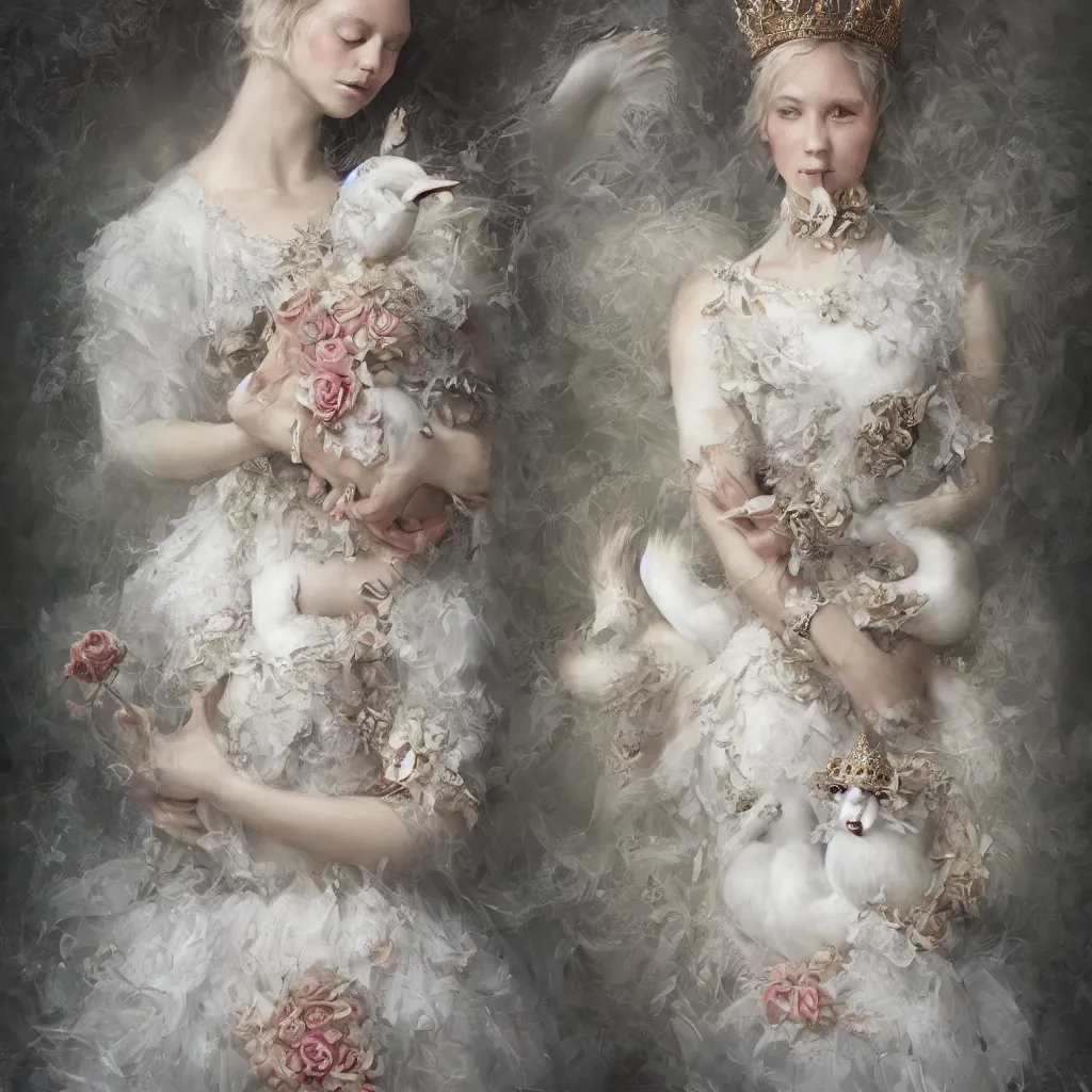 Image similar to a queen with a decorated dress made of white and cream colored roses holding a swan in her arms, highly detailed, digital painting, trending on artstation , HD quality, by meredit frampton dramatic light, octane