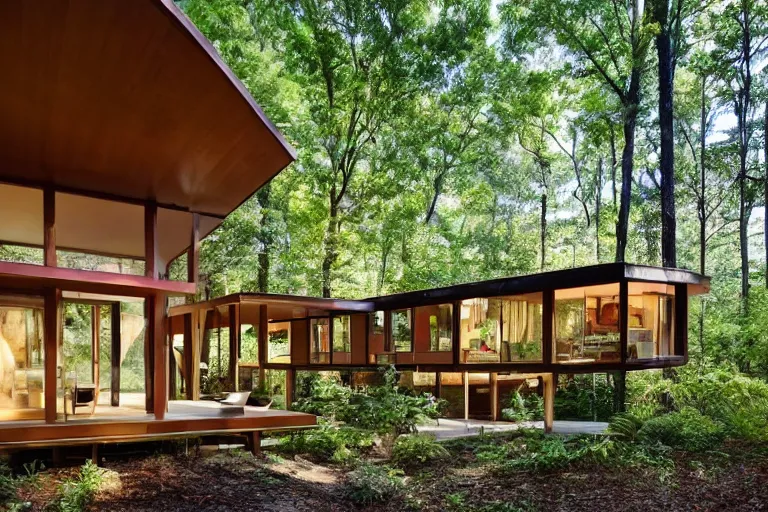 Prompt: mid - century modern home, three stories with a front porch and balcony, nestled into a clearing in a forest, light shining through the foliage