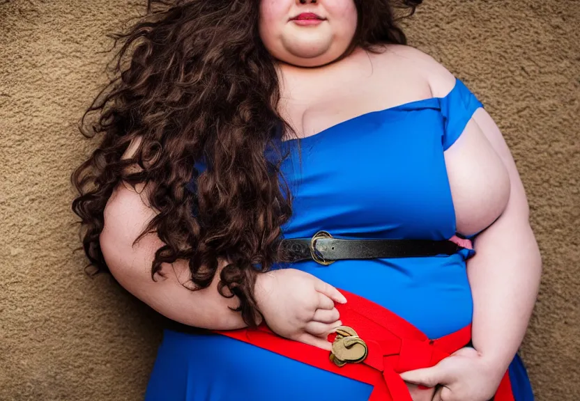 Image similar to An obese woman with long wavy brunette hair wearing a blue dress with a red belt, cinematic, photo, 8k