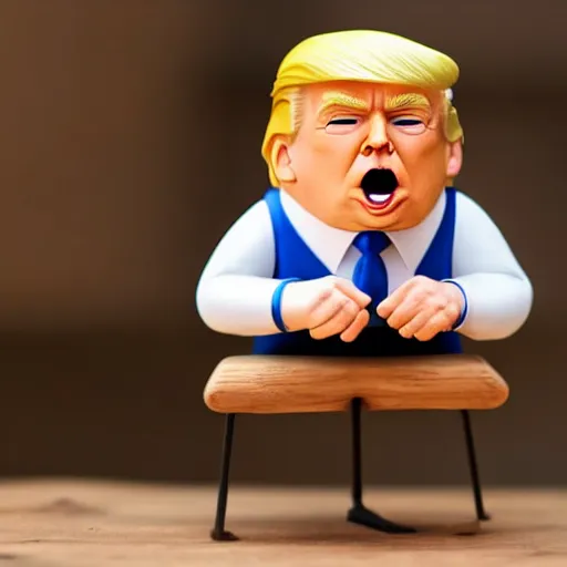 Prompt: Donald trump figurine by Pixar sad bokeh on wooden table