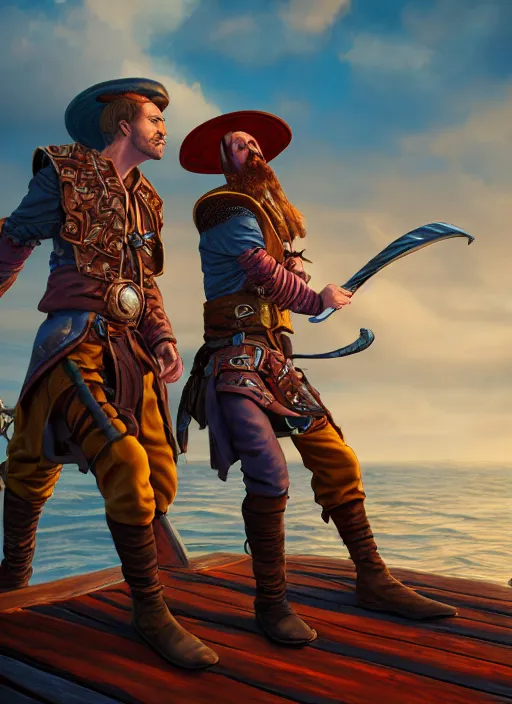 Image similar to an epic fantasy comic book style portrait painting of two bumbling idiot sky - pirates on the deck of a skyship looking at a chest, unreal 5, daz, hyperrealistic, octane render, cosplay, rpg portrait, dynamic lighting, very detailed faces