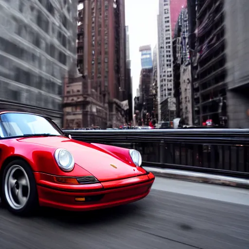 Image similar to photo of a red porsche 9 1 1 9 6 4 carrera 2 speeding through nyc, cinematic, motion blur