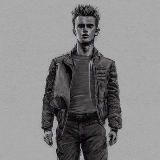 Image similar to a highly detailed epic cinematic concept art CG render digital painting artwork costume design: young James Dean as a formal socialist dystopian student in a school uniform. By Greg Rutkowski, Ilya Kuvshinov, WLOP, Stanley Artgerm Lau, Ruan Jia and Fenghua Zhong, trending on ArtStation, made in Maya, Blender and Photoshop, octane render, excellent composition, cinematic atmosphere, dynamic dramatic cinematic lighting, aesthetic, very inspirational, arthouse