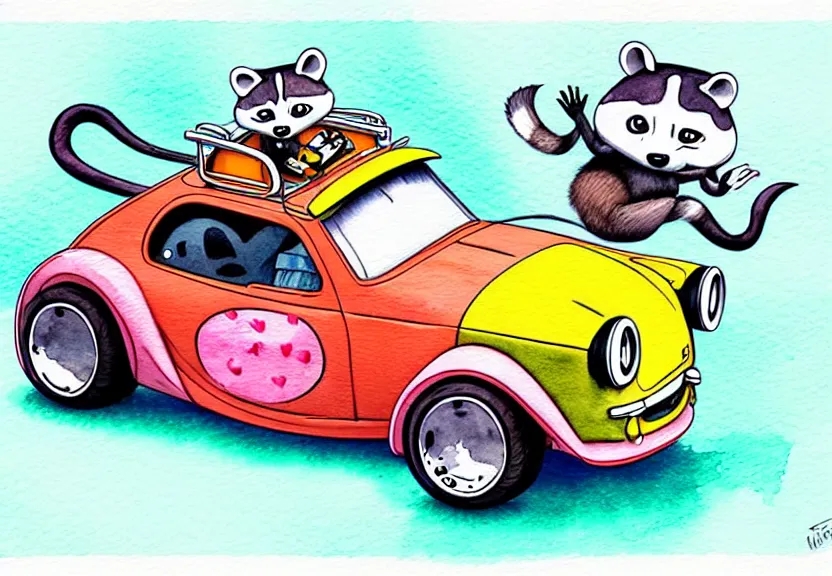 Prompt: cute and funny, racoon riding in a tiny hot rod coupe with oversized engine, ratfink style by ed roth, centered award winning watercolor pen illustration, isometric illustration by chihiro iwasaki, painting overlay by range murata