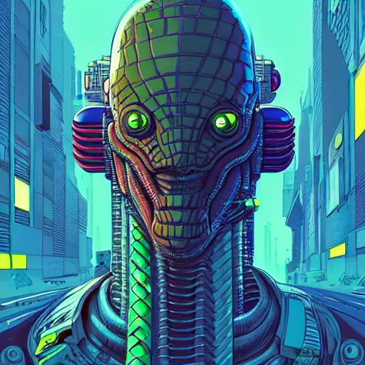 Image similar to A cyberpunk reptile viper head cyborg on the street of a cyberpunk city art by Josan Gonzalez, sci-fi, highly detailed, digital painting, artstation, smooth, sharp focus, illustration, concept art by Josan Gonzalez and James Gurney and Mœbius