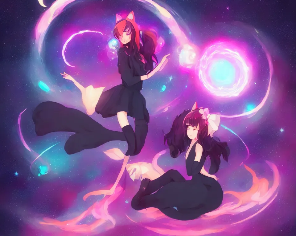 Image similar to beautiful whimsical women with cat ears and a tail standing under the stars, under a multi-colored binary blackhole with an accretion disc, casting magic, glowing trails following her arms, wearing professional makeup, anime, by Lois van Baarle, by Greg Rutkowski, by artgerm, by beeple, by studio ghibli, cinematic angle, volumetric lighting, 4k resolution, octane render, trending on artstation, masterpiece