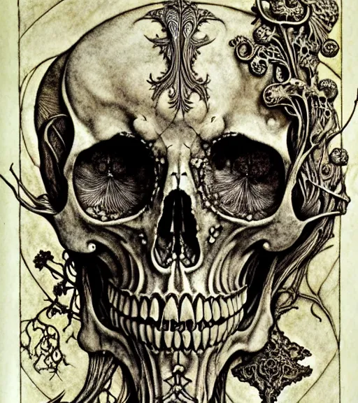 Image similar to memento mori by arthur rackham, art forms of nature by ernst haeckel, exquisitely detailed, art nouveau, gothic, ornately carved beautiful skull dominant, intricately carved antique bone, art nouveau botanicals, ornamental bone carvings, art forms of nature by ernst haeckel, horizontal symmetry, arthur rackham, ernst haeckel, symbolist, visionary