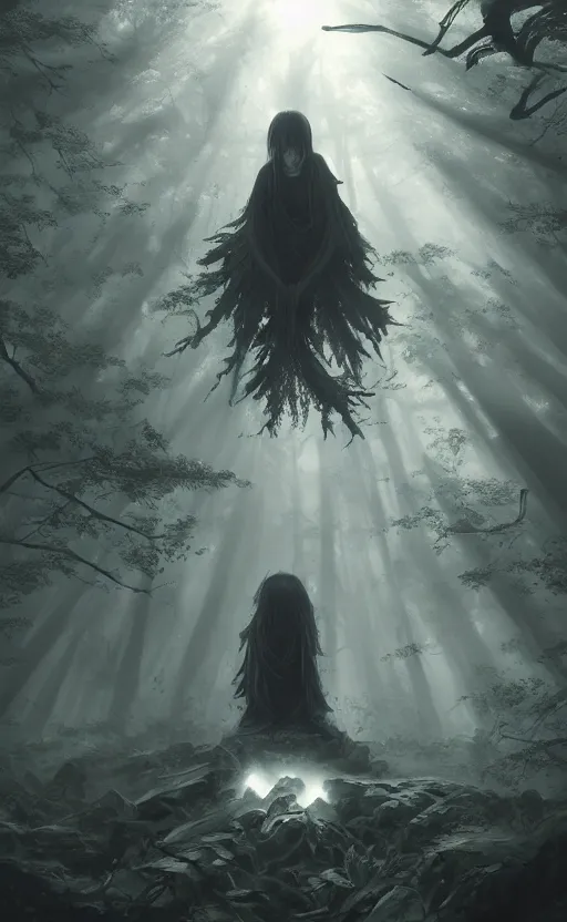 Prompt: shinigami in a dark dense forest, soft grey natural light, crepuscular rays, intricate, digital painting, artstation, concept art, smooth, sharp focus, illustration, art by greg rutkowski and luis rollo and uang guangjian and gil elvgren, symmetry!