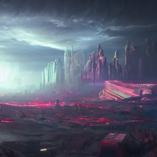 Image similar to foreground a large otherworldly temporal distortion, rocky mountain environment, background sprawling futuristic cityscape with glowing lights :: arch viz , Matte painting, octane render, 8k, corona render, movie concept art, liquid, mist, caustics, epic mood, cinematic, hyper detailed, insanely detailed and intricate, hyper maximalist, cinematic, octane render, redshift render, 8k