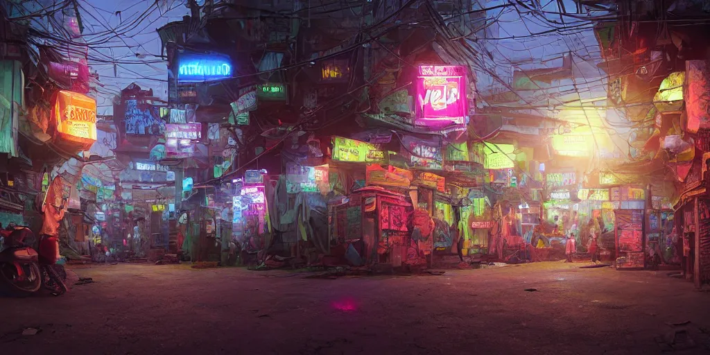 Prompt: stylish - caricature - puffy environment concept - art of a neon lit ajegunle slum in nigeria, digital illustration by mike winkelmann, unreal engine 3 d vfx render, photographed by vivian maier, intricate detail, sharp, volumetric light, ray tracing, soft light, colourful, claymation, acrylic on canvas, cinestill, rule of thirds,