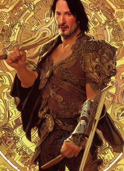 Image similar to keanu reeves in the slumps brown skin golden hair brown leather armor high fantasy dnd smooth sharp focus illustration by rossdraws, alphonse mucha frank fanzzeta