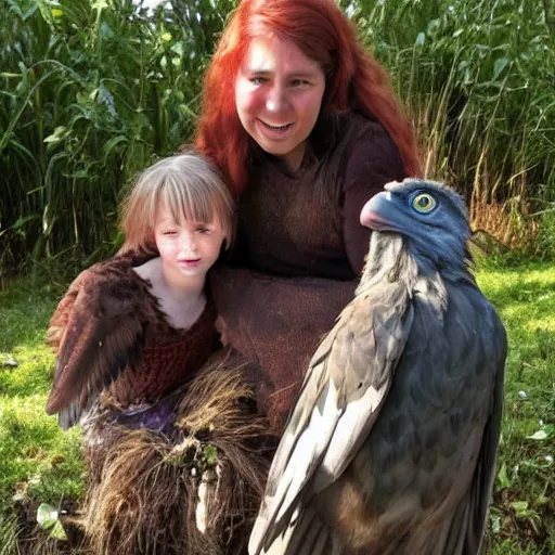 Image similar to A fallen harpy learning to live with her adoptive human family