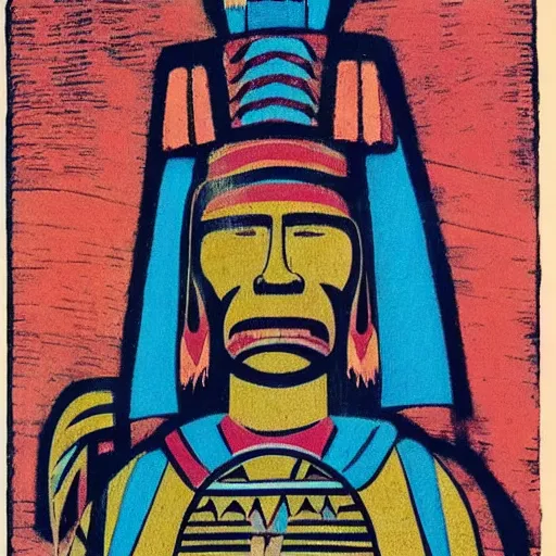 Image similar to colorfull woodcut, statue, character, by hopi indians