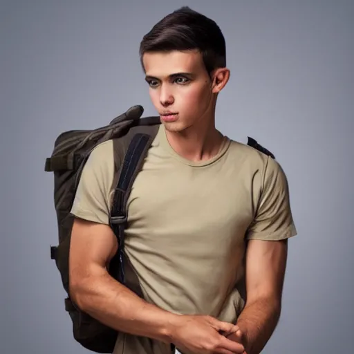 Prompt: Athletic Young man wearing a beige t-shirt and military backpack, Professional photography, Photorealism - W 768