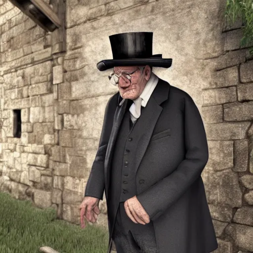 Prompt: an old man wearing a suit and top hat in a medieval village, D&D, high detail, trending on artstation, 4k photorealistic, volumetric lighting, HD