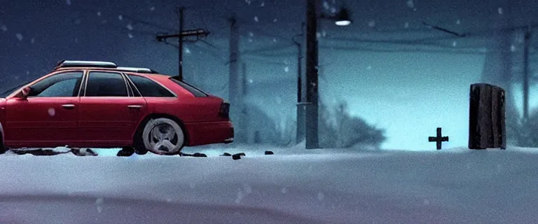 Image similar to Audi A4 B6 Avant (2002), a gritty neo-noir, dramatic lighting, cinematic, eerie person, death, homicide, homicide in the snow, gunshots, establishing shot, extremely high detail, photorealistic, cinematic lighting, artstation, by simon stalenhag, Max Payne (PC) (2001) winter New York at night, In the style of Max Payne 1 graphic novel, flashing lights, Poets of the Fall - Late Goodbye