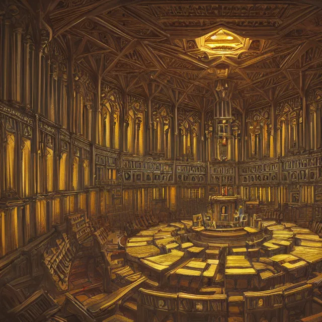 Prompt: an isometric digital painting of the octagonal chamber of the house of lords by justin gerard, paul bonner, highly detailed, volumetric lighting, gothic architecture, digital art, isometric, artstation hd