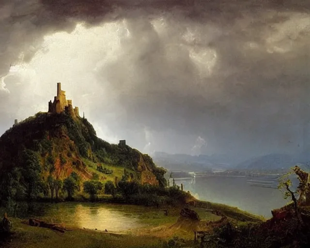 Image similar to “A landscape painting of Castle Drachenfels on cliffs overlooking the Rhine river. Dramatic lighting, stormclouds. By Albert Bierstadt and Asher Brown Durand.”