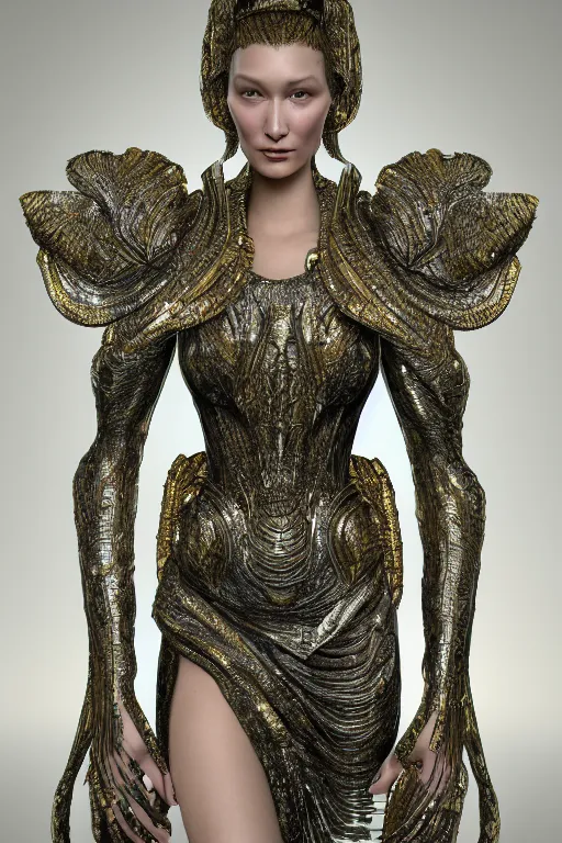 Prompt: a highly detailed render portrait of a beautiful alien goddess bella hadid in iris van herpen dress schiaparelli in diamonds in style of alphonse mucha trending on artstation made in unreal engine 4