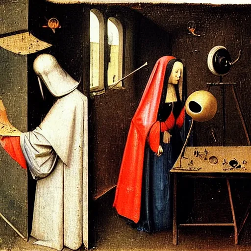 Image similar to woman recording her first tik tok video ever, 1 4 3 0, medieval by hieronymus bosch