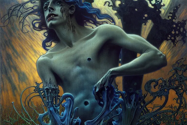 Image similar to realistic detailed portrait painting of a beautiful male zombie, nightly graveyard landscape background by Jean Delville, Amano, Yves Tanguy, Alphonse Mucha, Ernst Haeckel, Edward Robert Hughes, Roger Dean, masterpiece, cinematic composition, dramatic pose, 4k details, rich moody colours, blue eyes