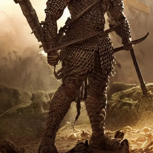 Image similar to muscular warrior with surface of tree - bark, wearing intricate stone wood vines armor, holding halberd with laser blade, battlefield, highly detailed, dramatic lighting, cinematic, sci - fi, hyperrealistic, detailed