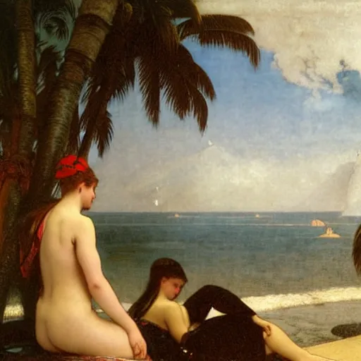 Image similar to Silhouette of two girl at the palace, thunderstorm, greek pool, beach and palm trees on the background major arcana sky, by paul delaroche, alphonse mucha and arnold böcklin arnold böcklin hyperrealistic 8k, very detailed