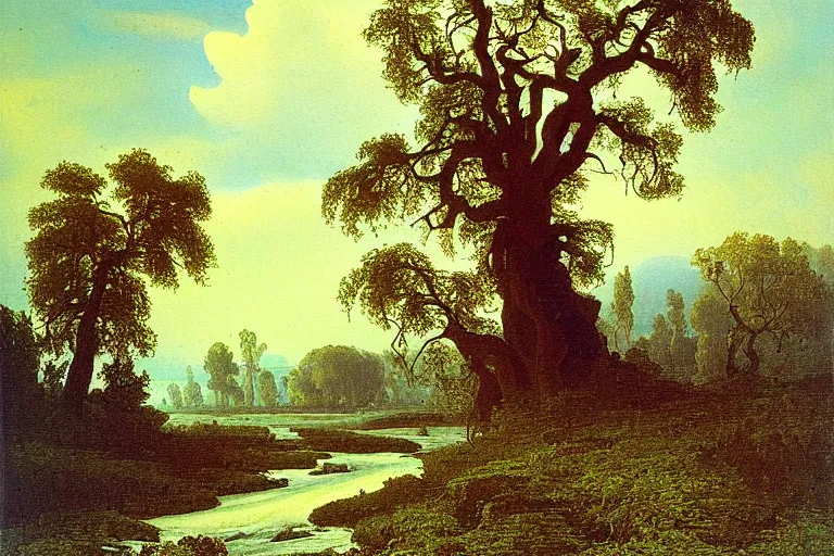 Image similar to painting of a old tree next to a meandering river by alexei savrasov