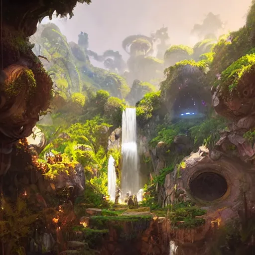 Image similar to worm's eye view of roughly cylindrical overwatch headquarters carved inside a mountain surrounding a lush well kept garden, central waterfall, magical, natural light, fantasy, sharp focus, concept art, by greg rutkowski and craig mullins, cozy atmospheric