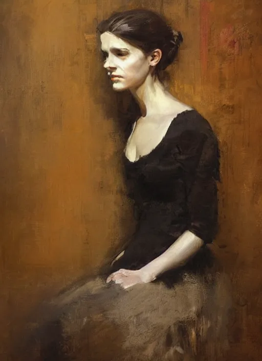 Prompt: beautiful portrait painting of a victorian woman posing in an artistic pose, by jeremy mann, only one head single portrait