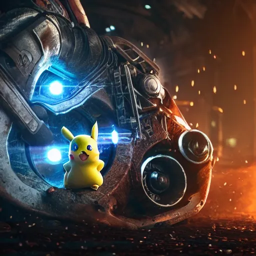 Image similar to pikachu! in Gears of War, splash art, movie still, cinematic lighting, dramatic, octane render, long lens, shallow depth of field, bokeh, anamorphic lens flare, 8k, hyper detailed, 35mm film grain