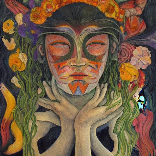 Image similar to facemask made of flowers, by annie swynnerton and jean delville and edward hopper and diego rivera and evelyn de morgan and rufino tamayo, dark flower shaman, art brut, outsider art, symbolist, dramatic lighting, god rays, elaborate geometric ornament, clean crisp graphics, smooth sharp focus, extremely detailed, adolf wolfli