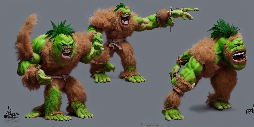 Image similar to blanka, character sheet, concept design, contrast, hot toys, kim jung gi, greg rutkowski, zabrocki, karlkka, jayison devadas, trending on artstation, 8 k, ultra wide angle, pincushion lens effect